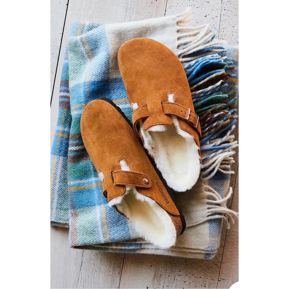 Birkenstock Suede Clog Sandals in Cognac Brown with Cream Shearling